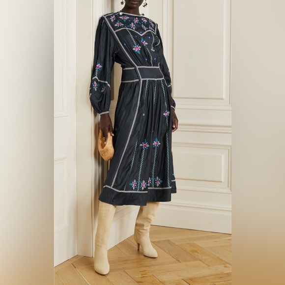 NEW Isabel Marant Caroline Embroidered Silk-satin Midi Dress Sz 36 Faded Black - Picture 3 of 16